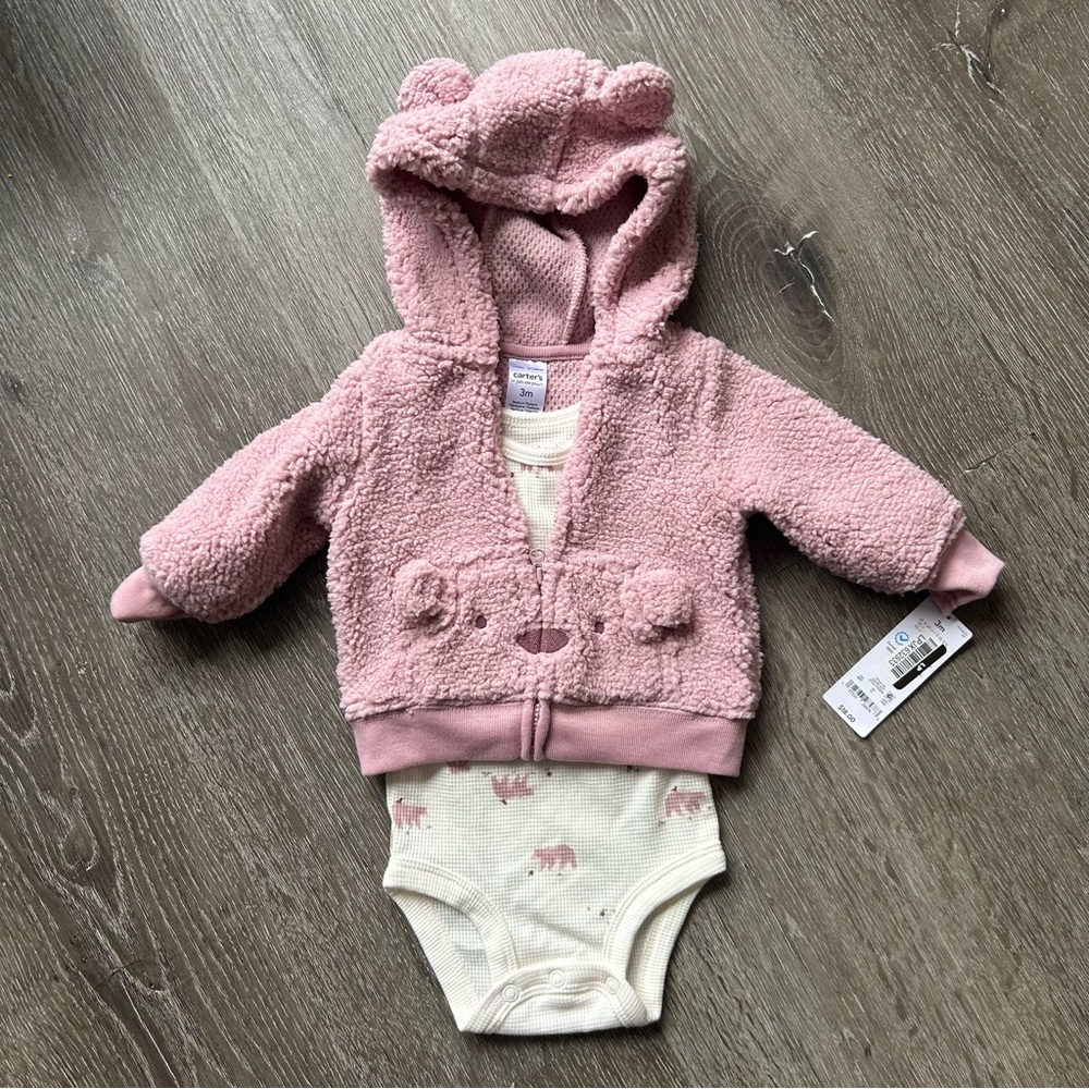 NWT 3 Months Carters Pink Fuzzy Sherpa  Bear Sweatshirt Jacket Long Sleeve Onsie